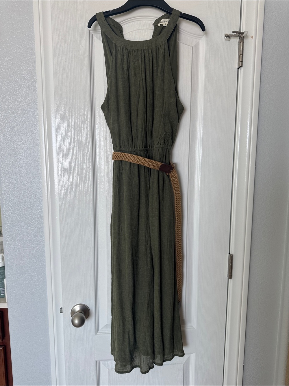 Olive Green Sleeveless Midi Dress with Woven Belt and Pockets!